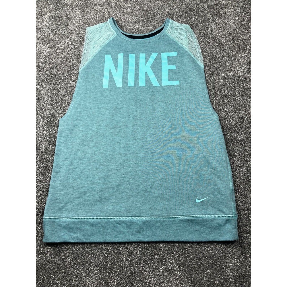 Nike Sweatshirt Womens Large Dri-Fit Sleeveless Mesh Graphic Logo Workout Teal